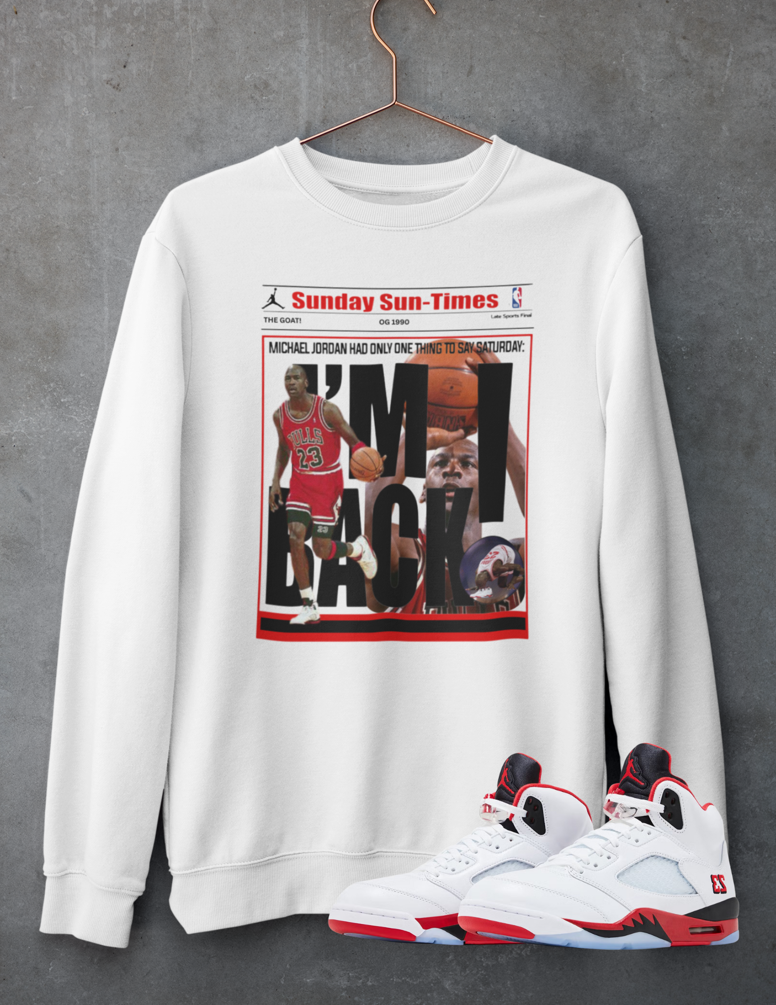 Air 5's Fire Red Hoodie, Matches Air 5's OG Black Tongue Sneakers, Michael Jordan Fan Art Sweatshirt