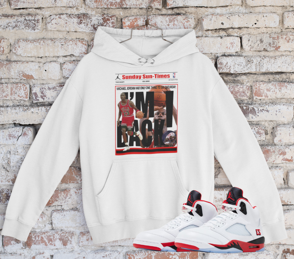 Air 5's Fire Red Hoodie, Matches Air 5's OG Black Tongue Sneakers, Michael Jordan Fan Art Sweatshirt