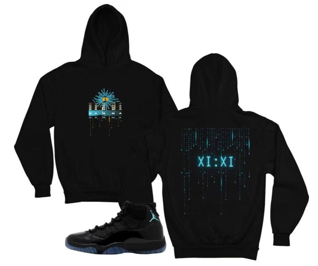 Gamma Eleven's Matrix Hoodie, Matches Retro Air 11's Gamma Sneakers, Front & Back Graphic Shirt