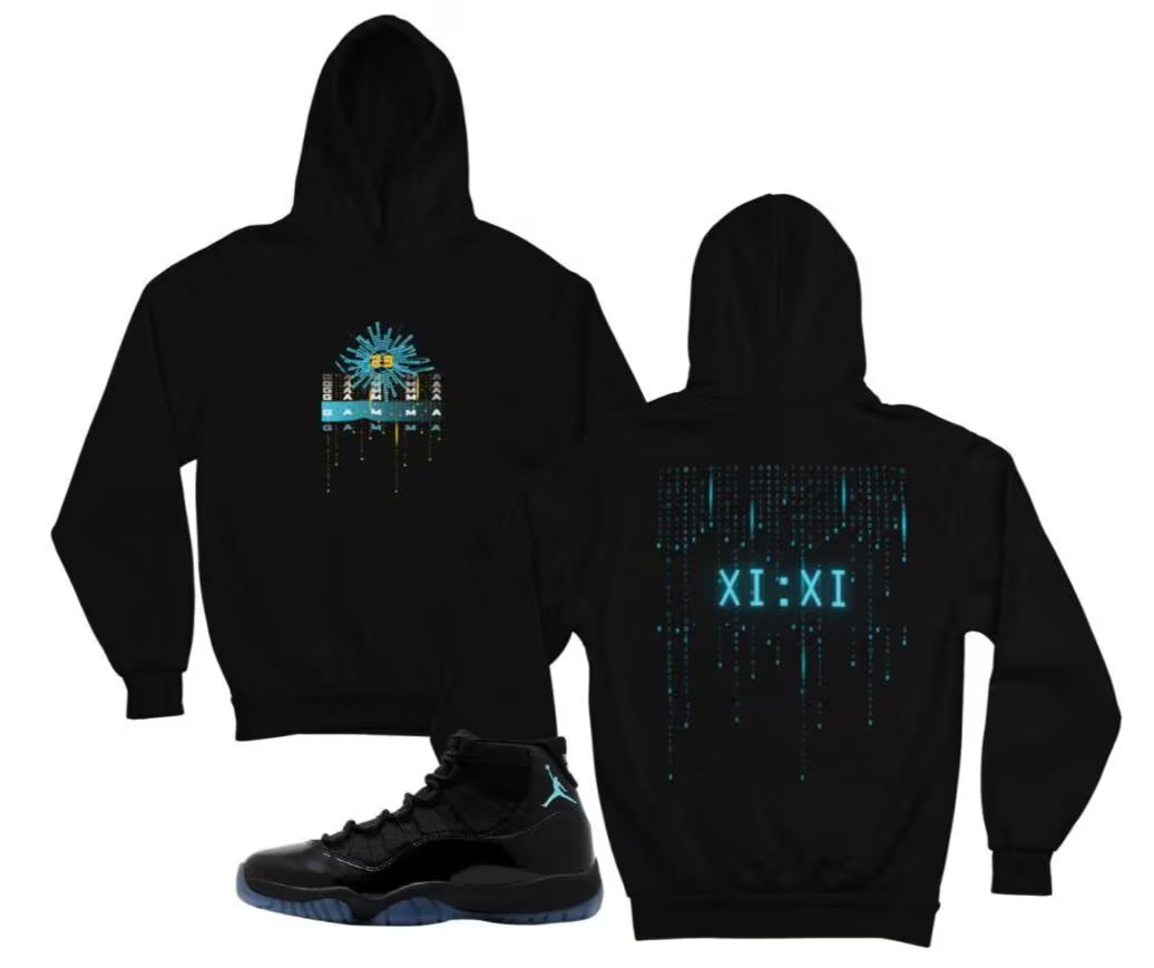 Gamma Eleven's Matrix Hoodie, Matches Retro Air 11's Gamma Sneakers, Front & Back Graphic Shirt