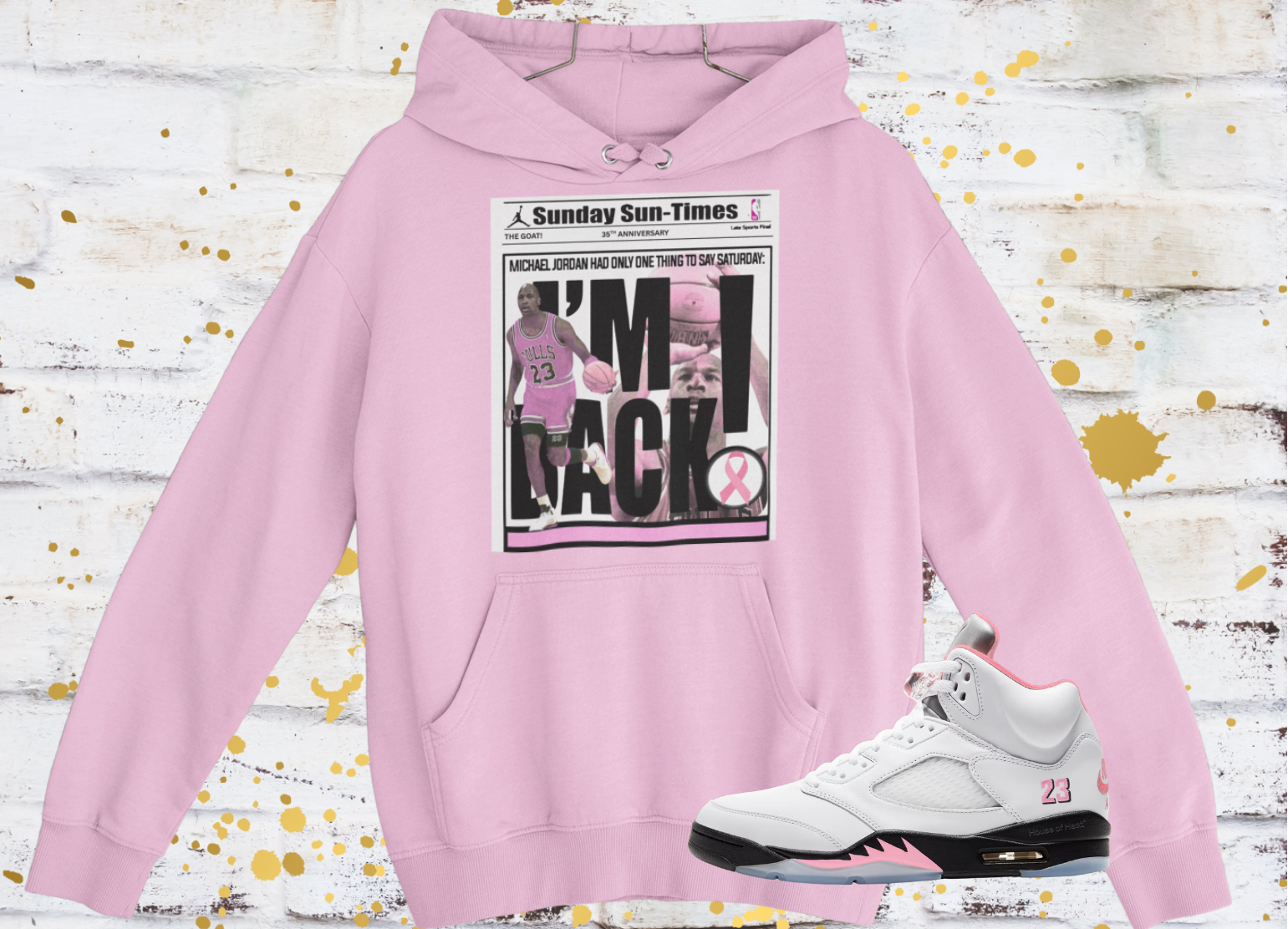 Air 5s Pink Hoodie, Matches Air 5s 35th Anniversary Sneakers, Michael Jordan Retro Newspaper Fan Art Shirt