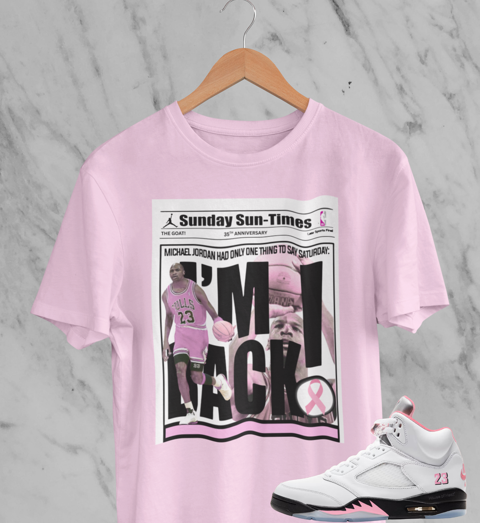 Air 5s Pink Hoodie, Matches Air 5s 35th Anniversary Sneakers, Michael Jordan Retro Newspaper Fan Art Shirt