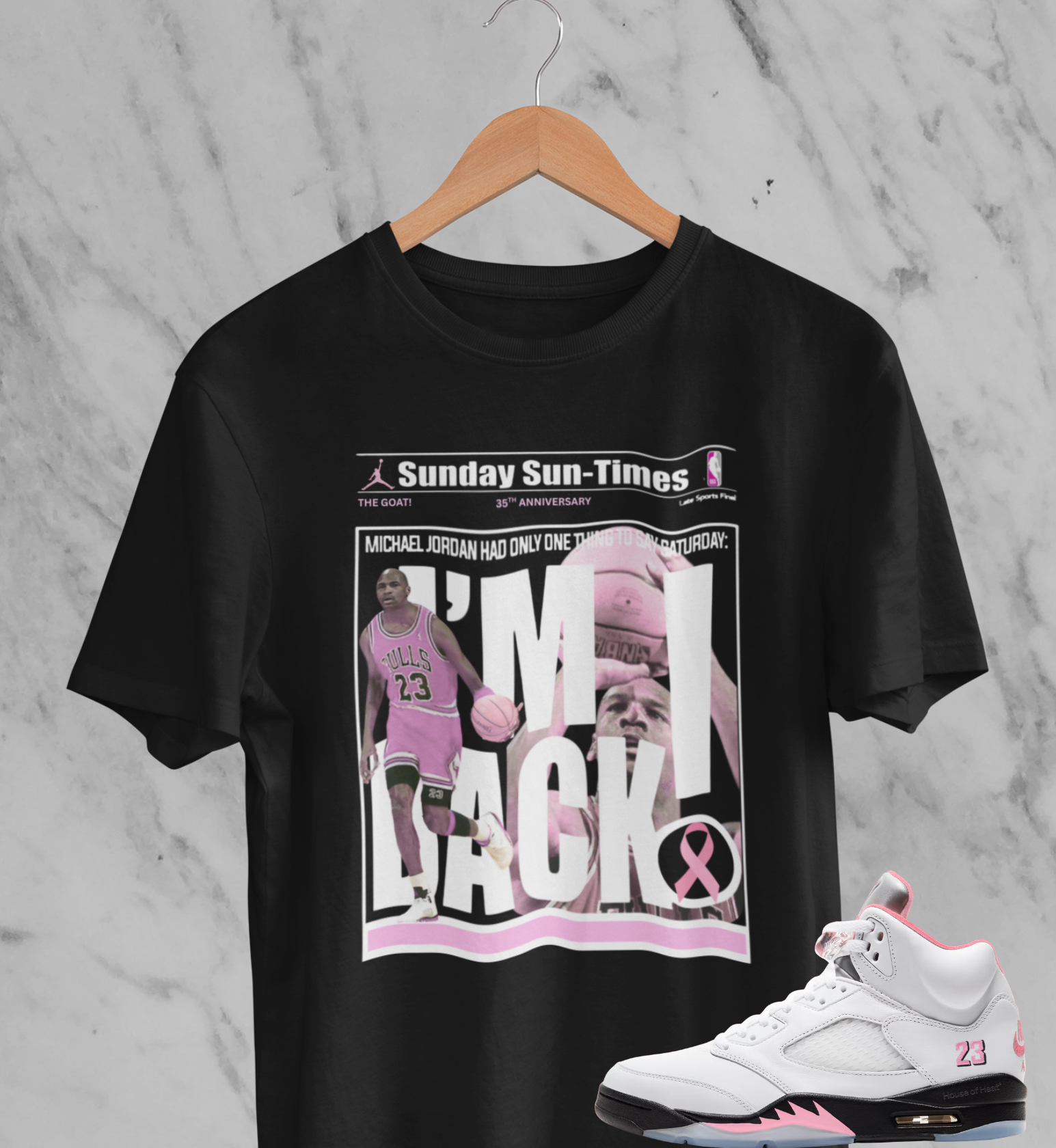 Air 5s Pink Hoodie, Matches Air 5s 35th Anniversary Sneakers, Michael Jordan Retro Newspaper Fan Art Shirt
