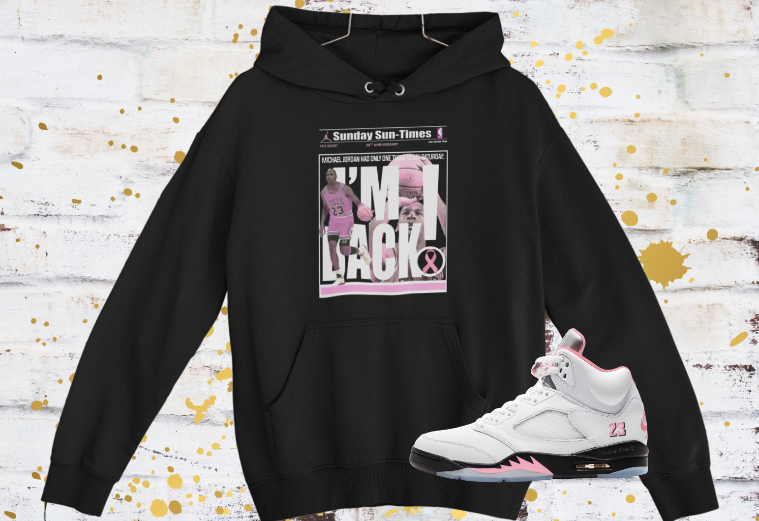 Air 5s Pink Hoodie, Matches Air 5s 35th Anniversary Sneakers, Michael Jordan Retro Newspaper Fan Art Shirt