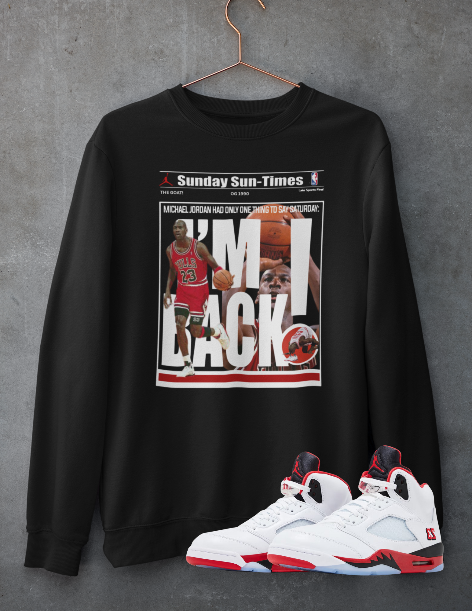 Air 5's Fire Red Hoodie, Matches Air 5's OG Black Tongue Sneakers, Michael Jordan Fan Art Sweatshirt