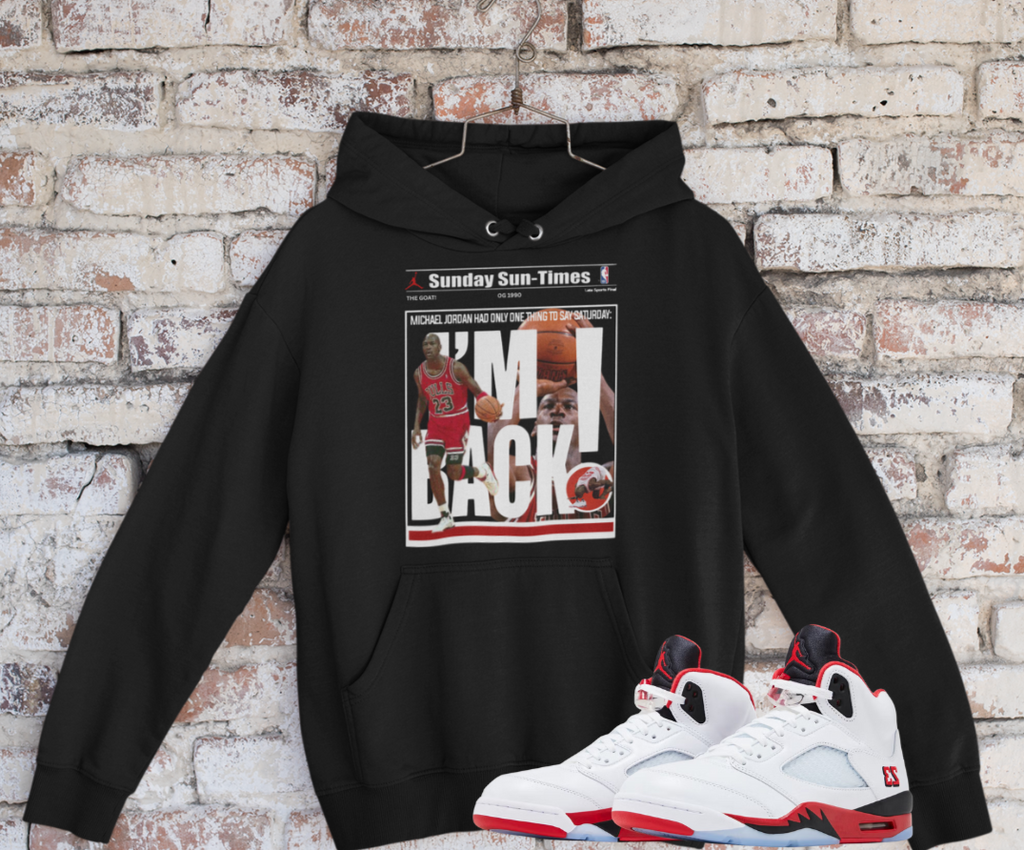 Air 5's Fire Red Hoodie, Matches Air 5's OG Black Tongue Sneakers, Michael Jordan Fan Art Sweatshirt