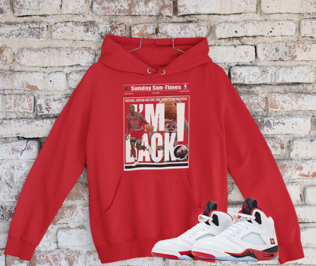 Air 5's Fire Red Hoodie, Matches Air 5's OG Black Tongue Sneakers, Michael Jordan Fan Art Sweatshirt