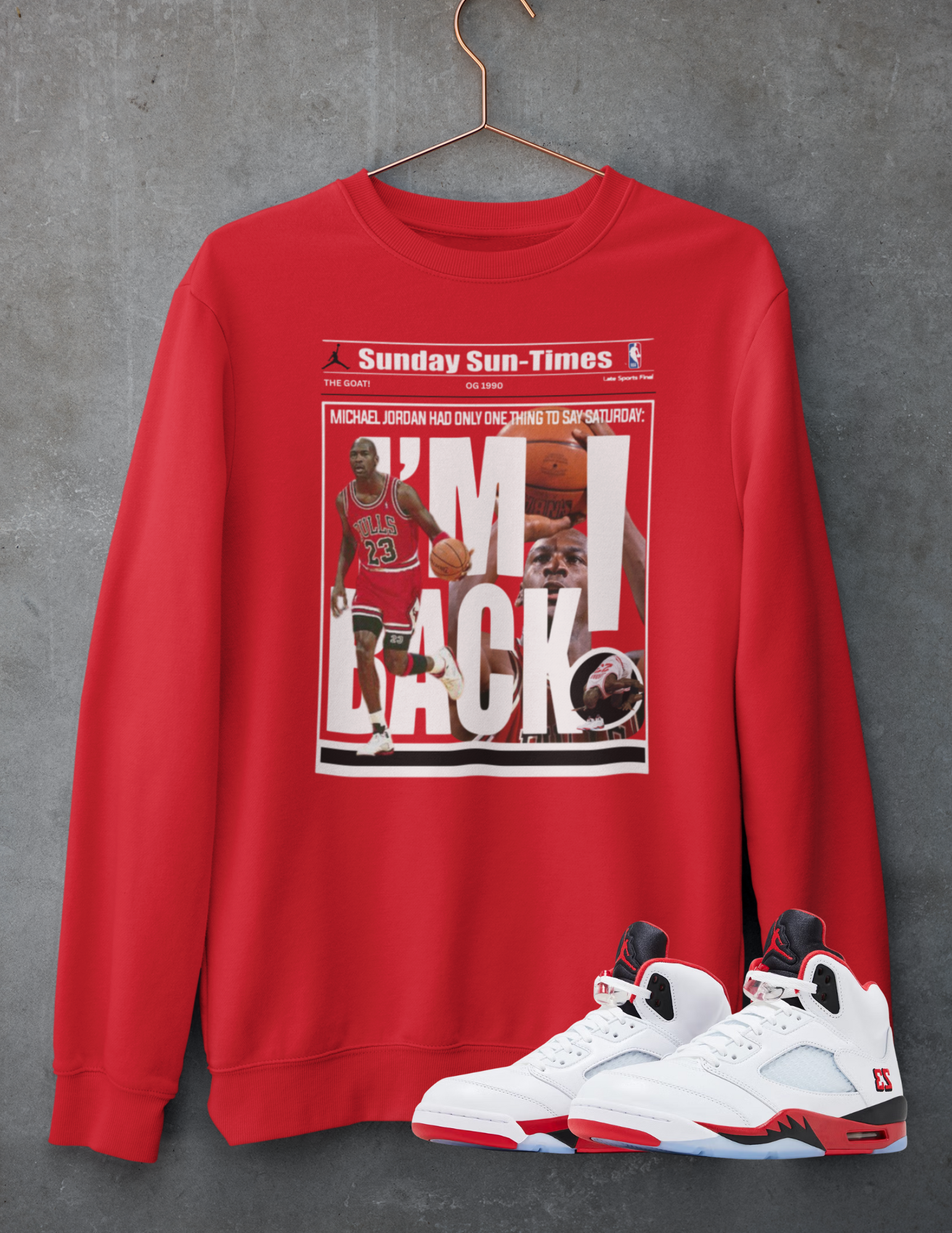 Air 5's Fire Red Hoodie, Matches Air 5's OG Black Tongue Sneakers, Michael Jordan Fan Art Sweatshirt