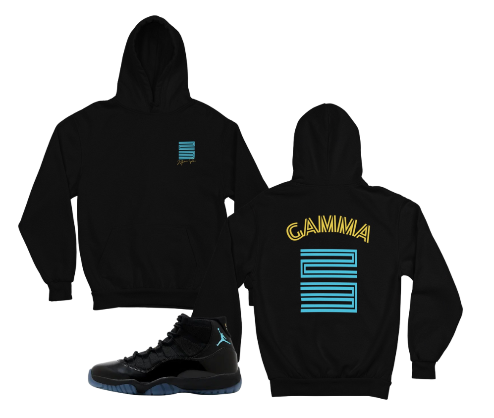 Gamma Eleven's 23 Hoodie, Matches Retro Air 11's Gamma Sneakers, Front & Back Graphic Shirt