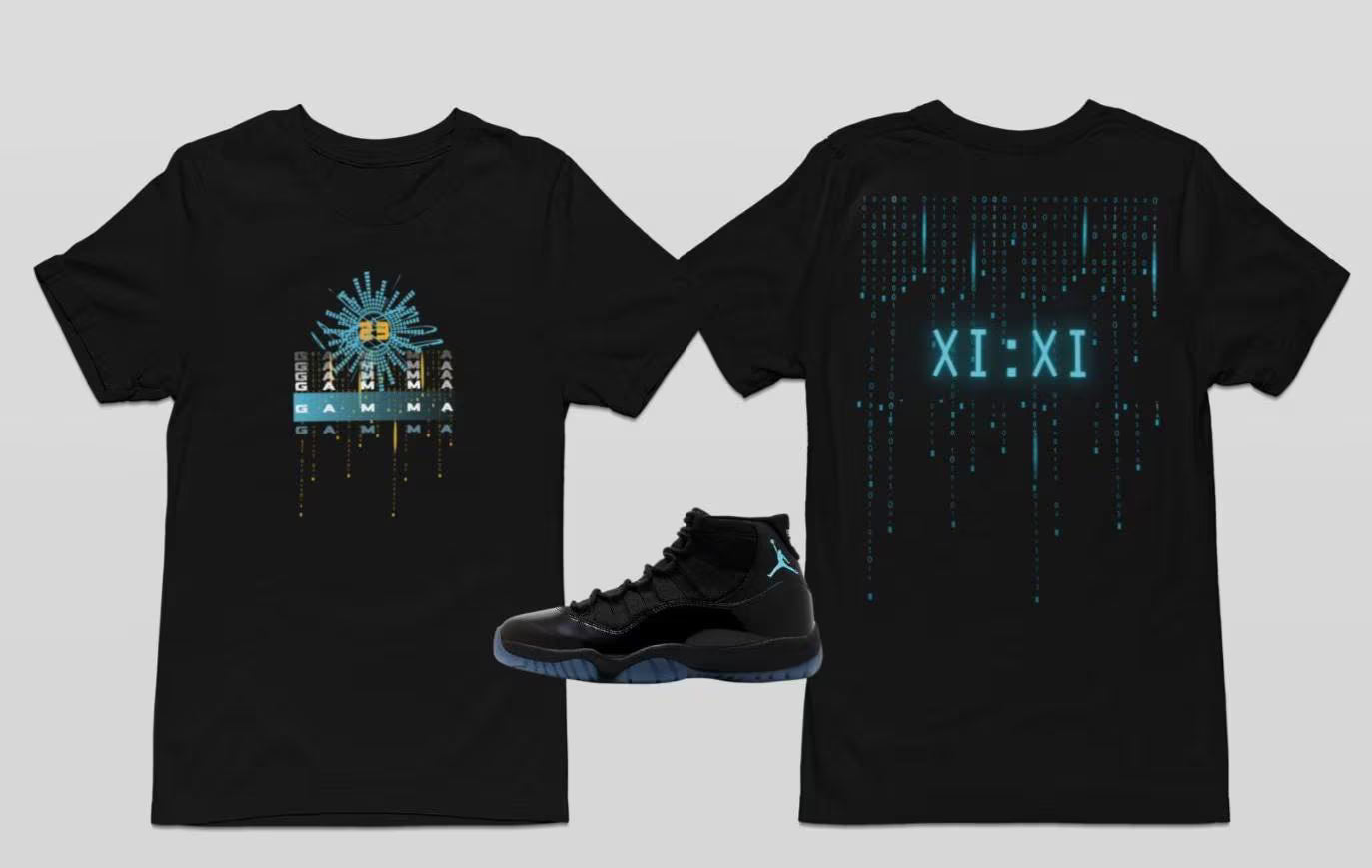Gamma Eleven's Matrix Hoodie, Matches Retro Air 11's Gamma Sneakers, Front & Back Graphic Shirt
