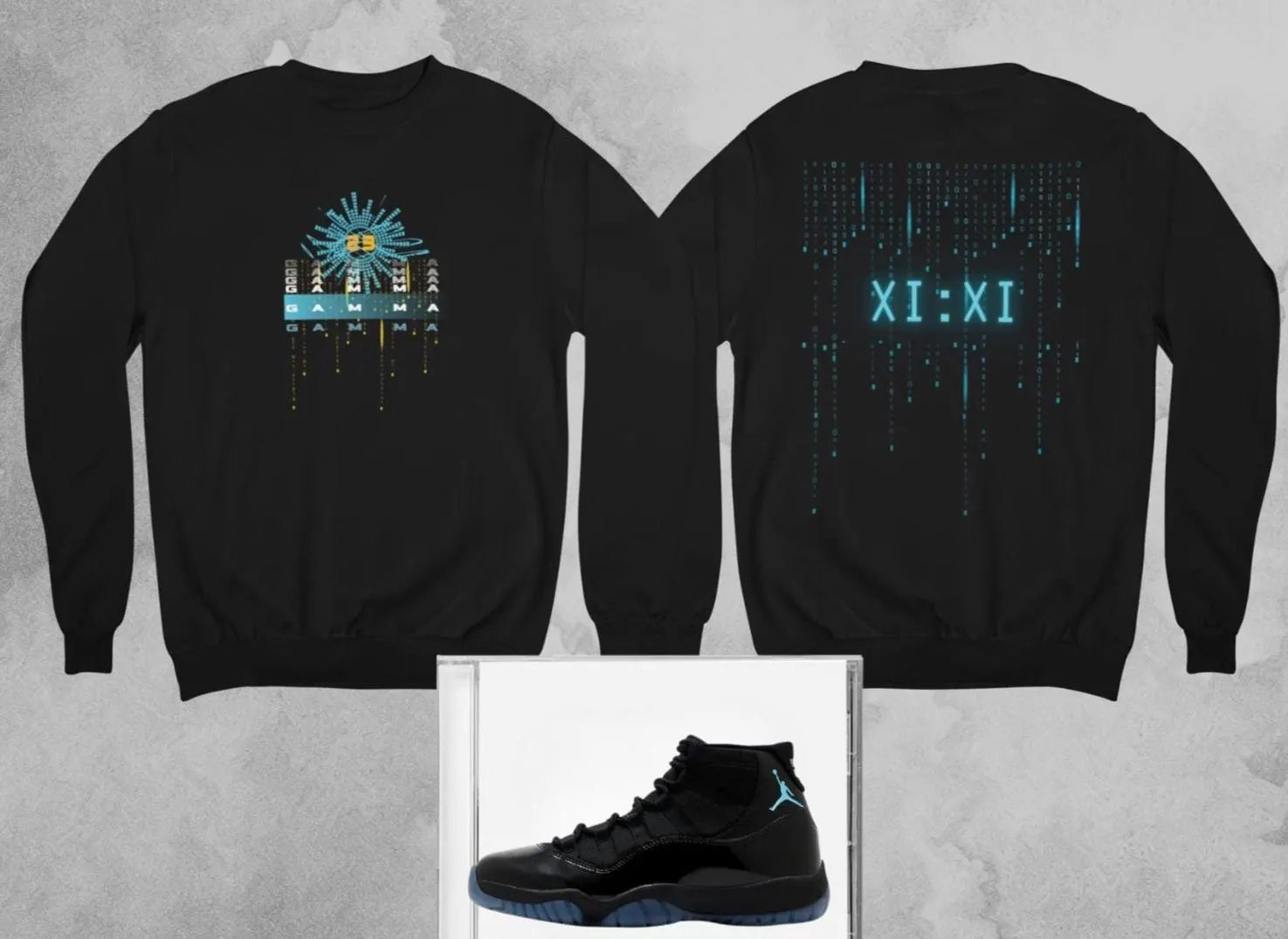 Gamma Eleven's Matrix Hoodie, Matches Retro Air 11's Gamma Sneakers, Front & Back Graphic Shirt