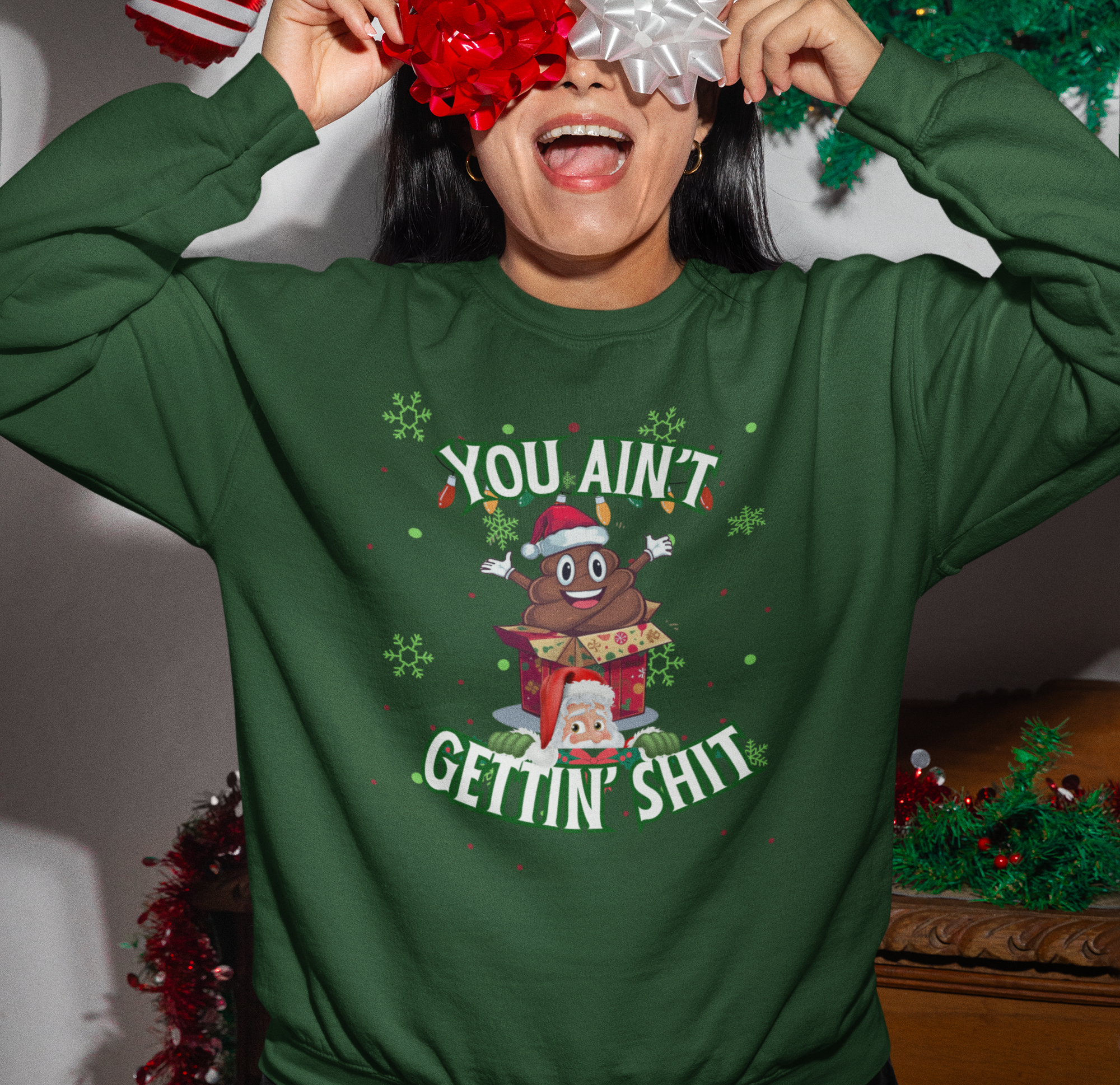 Funny Christmas Shirt, You Aint Gettin' Shit Xmas Crewneck, Emoji Poop Inspired Ugly Christmas Sweater