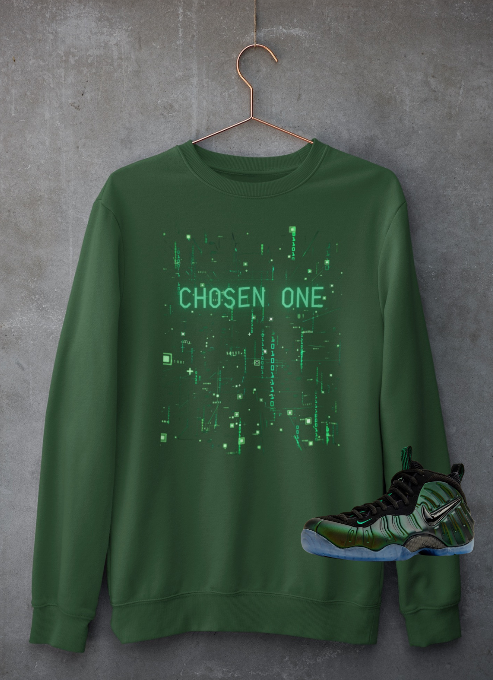 Matrix Chosen One Hoodie, Matches Pro Pine Green Foamposite Sneakers